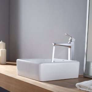   White Square Ceramic Sink and Virtus Faucet, Chrome