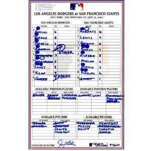  Dodgers at Giants Game Used Lineup Card 7 15 2007   Game 