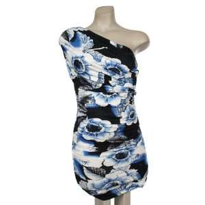    Beautiful Black & Blue Flowered One Shoulder Dress 