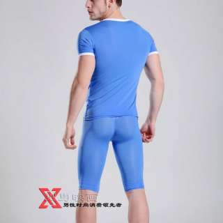 Mens Mesh Gym Pouch Pant and Sheer V Neck T Shirt MV510/MV910 Blue L 