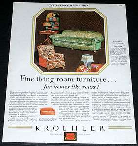 1929 OLD MAGAZINE PRINT AD, KROEHLER FINE LIVING ROOM FURNITURE, SOFA 