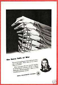   Ad~1944 Bell TELEPHONE Switchboard Operator ~The Hurry Calls of War