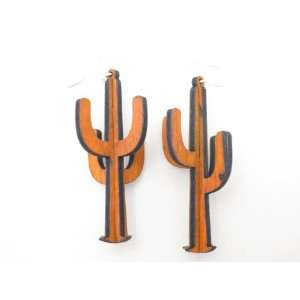  Tangerine 3D Cactus Wooden Earrings GTJ Jewelry