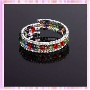 Colorful Glass Beads Rhinestone Three Row Adjustable Bangle Bracelet 