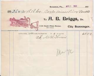Briggs, City Scavenger, Scranton PA 1907 Billhead  