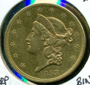 1853 United States $20 Liberty Head Gold Eagle   CRISP XF+  SHARP 