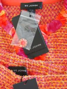 ST JOHN $2105 Poppy Red Multi Color Woven Knit Skirt Suit 8 Jacket, 6 