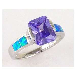 925 Sterling Silver Inlay Synthetic OPAL Blue/Purple Princess Cut CZ 