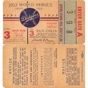  1953 World Series Brooklyn Dodgers Game 3 Ticket Ebbets 