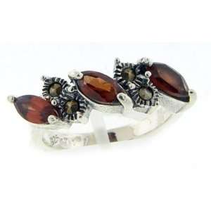   Triple Marquise Cut Garnet and Marcasite Sterling Silver Ring Jewelry