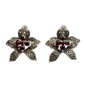    Sterling Silver Marcasite and Garnet Orchid Earrings Jewelry