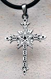 Gothic Pentagram Cross Silver Pewter Pendant w Choker  