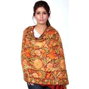  Rust Densely Embroidered Ari Stole from Kashmir with Large 