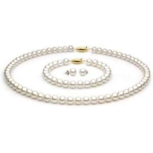  14k White Gold 6.5 7mm White Freshwater Cultured Pearl Set AAA 