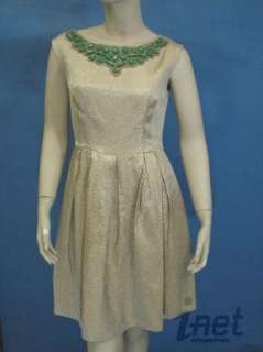 Shoshanna Sz 6 Boatneck Party Dress Antique Gold w/Beading Green 