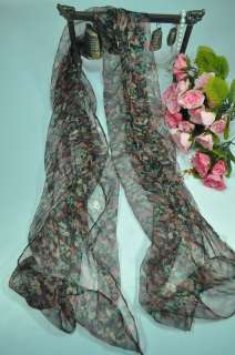 New Silk Oblong Scarf Shawl Wrap Hijab Brown Floral  