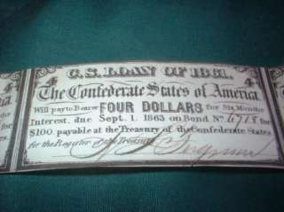 VINTAGE 1861 CONFEDERATE LOAN $4 INTEREST CERTIFICATES  