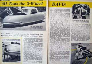 1948 DAVIS 3 WHEELER 3 WHEEL CAR TEST ARTICLE PHOTOS  