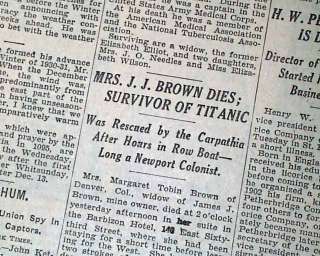 TITANIC SINKING FAME The Unsinkable Molly Brown DEATH 1st Report 1932 