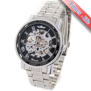 Black Face Automatic Winging Silver Skeleton Mens Watch Stainless 