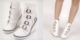   White Buckle Sneakers Zip Wedge Heel Shoes US 5~8 / Ankle Boots  