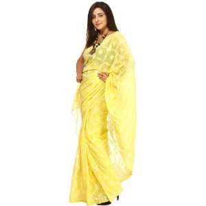  Blazing  Yellow Lukhnavi Chikan Embroidered Sari with 