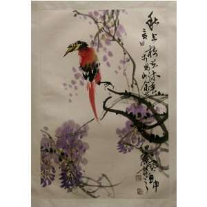  Chinese Brush Painting   Red Magpie with Wisteria; Joy 