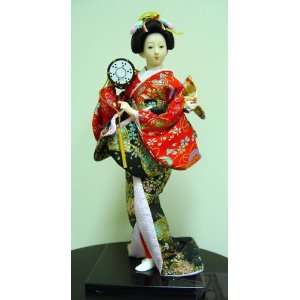  Japanese Geisha Girl Doll Statue Kimino Silk Fan