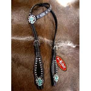  WESTERN LEATHER HEADSTALL WITH BLACK LEATHER AND TURQ 