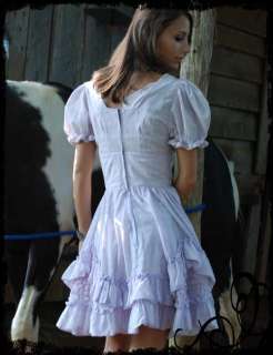Vtg 70s Banded Prairie Lace Ruffle Puff Slv Mini Dress  
