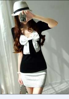 2012 Lovely Bowtie front Shining Water Drill Adorned Slim Cotton Dress 