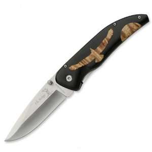  MC Wood Folder Knife Black Handle With Burl Eagle Wood 