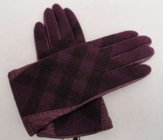   Plum Leather 100% Cashmere Lined Check Gloves  SZ 7  Great Gift  