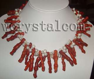 STR white freshwater pearl red coral necklace twisted  