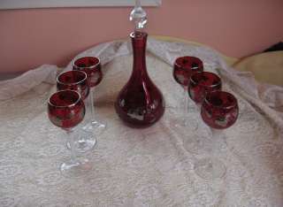 Vntg 8 Pc Red Crystal Decanter Silver Art Glass Wine  