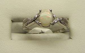 10K White Gold Oval Opal Diamond Ring Vintage Look NEW  