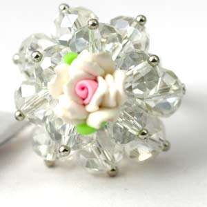 d8079 White Flower rondelle Crystal Beads Adjust Cooktail Ring Fashion 