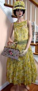 Elegant 1950s Moss/Yellow Organza Floral Dress SZ 4 6  