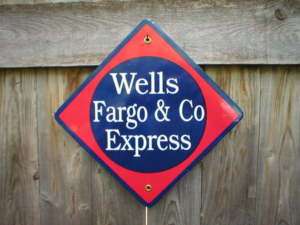 WELLS FARGO & CO EXPRESS PORCELAIN COATED RAILROAD SIGN  