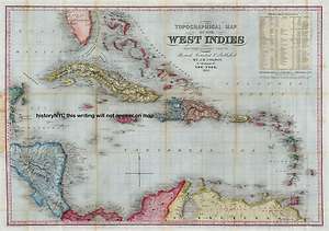 1853 LARGE COLOR WALL MAP WEST INDIES CUBA CARIBBEAN  