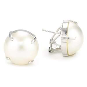   Sterling Silver Round White Mabe Cultured Pearl Clip Earrings Jewelry