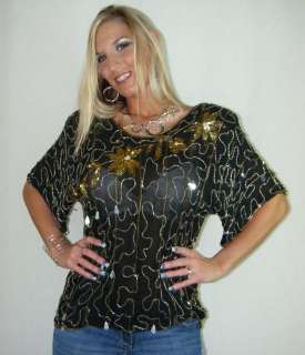 Vintage Sheer Sequins Queen SILK Beaded Gold Sparkle Blouse Top Jumper 