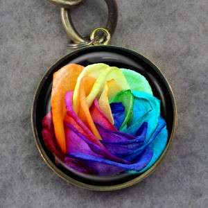Tie Dyed Rose Glass Tile Bronze Key Chain A85  