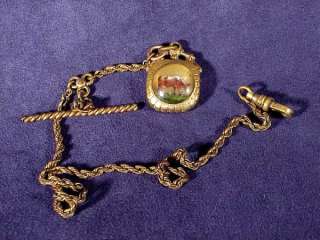 Vintage Cattle Watch Fob & Chain. Fob is 3/4 X 1 Glass Dome over 