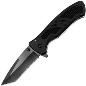 Ambidextrous Spring Assisted Black Steel Partially Serrated Edge Tanto 