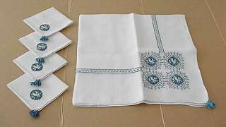 VINTAGE ASSISI EMBROIDERY LINEN TABLECLOTH NAPKINS BIRD  