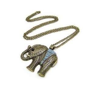 Vintage bronze tone elephant light blue crystal long necklace Retro 