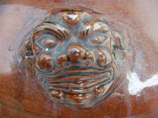 LION MASK Antique TAJAU JAR Asia Chinese Glazed Pot Ceramic Porcelain 
