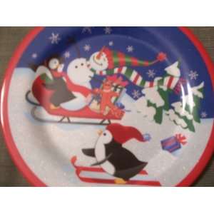  Holiday 8 Plate   Penguins Skiing Glittery Melamine Plate 