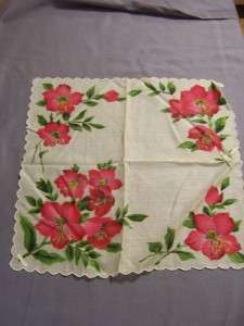 Vintage Handkerchief Hankie Hanky Cotton White Red Green Floral 